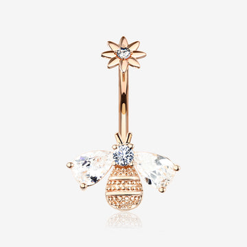 Rose Gold Flower Sparkle Honey Bee Internally Threaded Belly Button Ring-Clear Gem